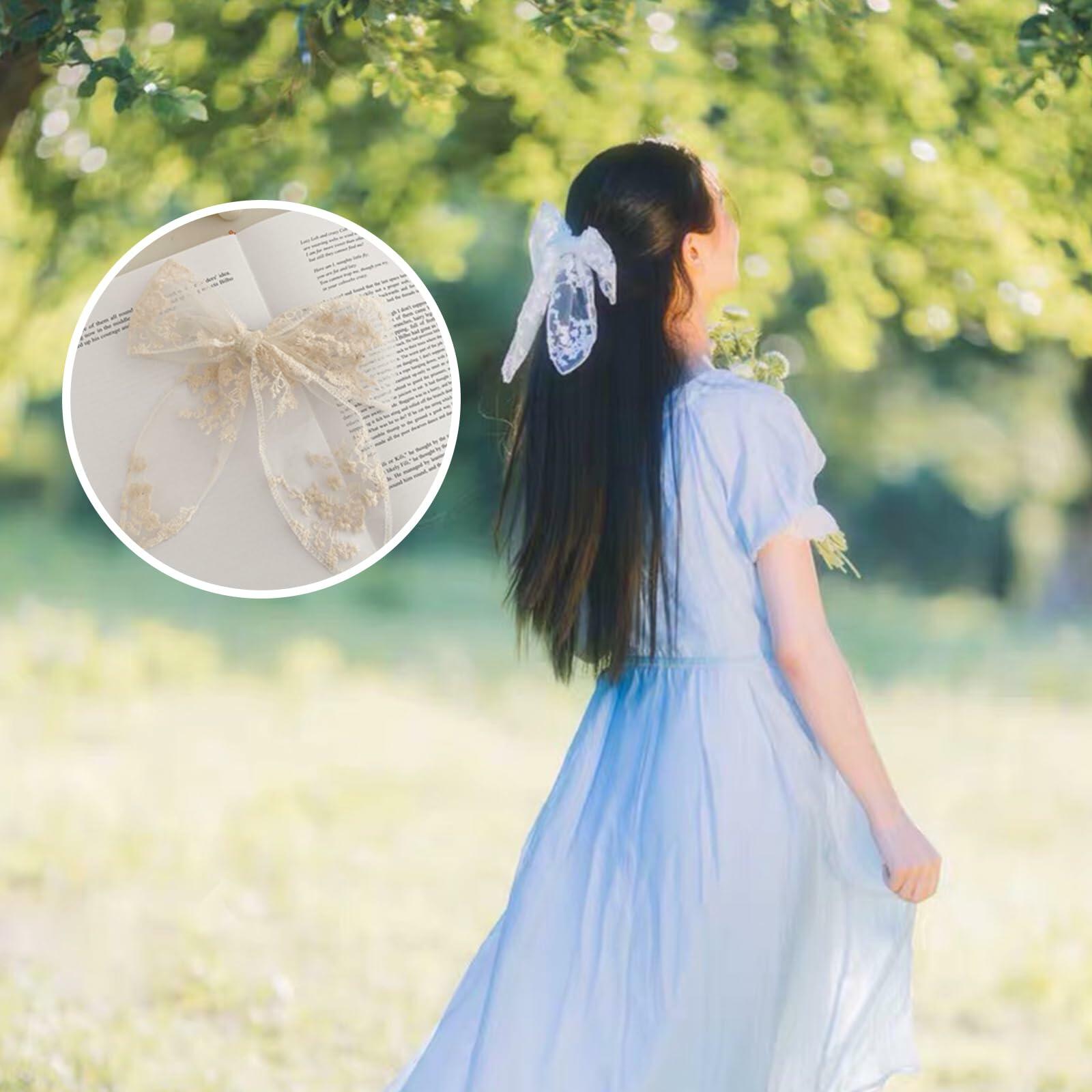 ASIJUNTYECHO Large Lace Hair Bows for Girls Women Tulle Jacquard Clips
