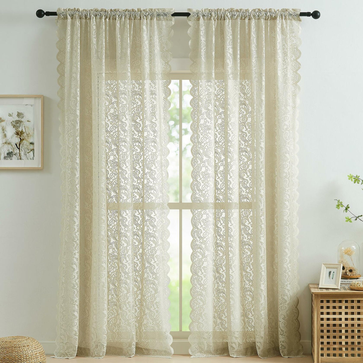 Bujasso Beige Lace Sheer Curtains 54x108 inch 2 Panels Floral Rod Pocket