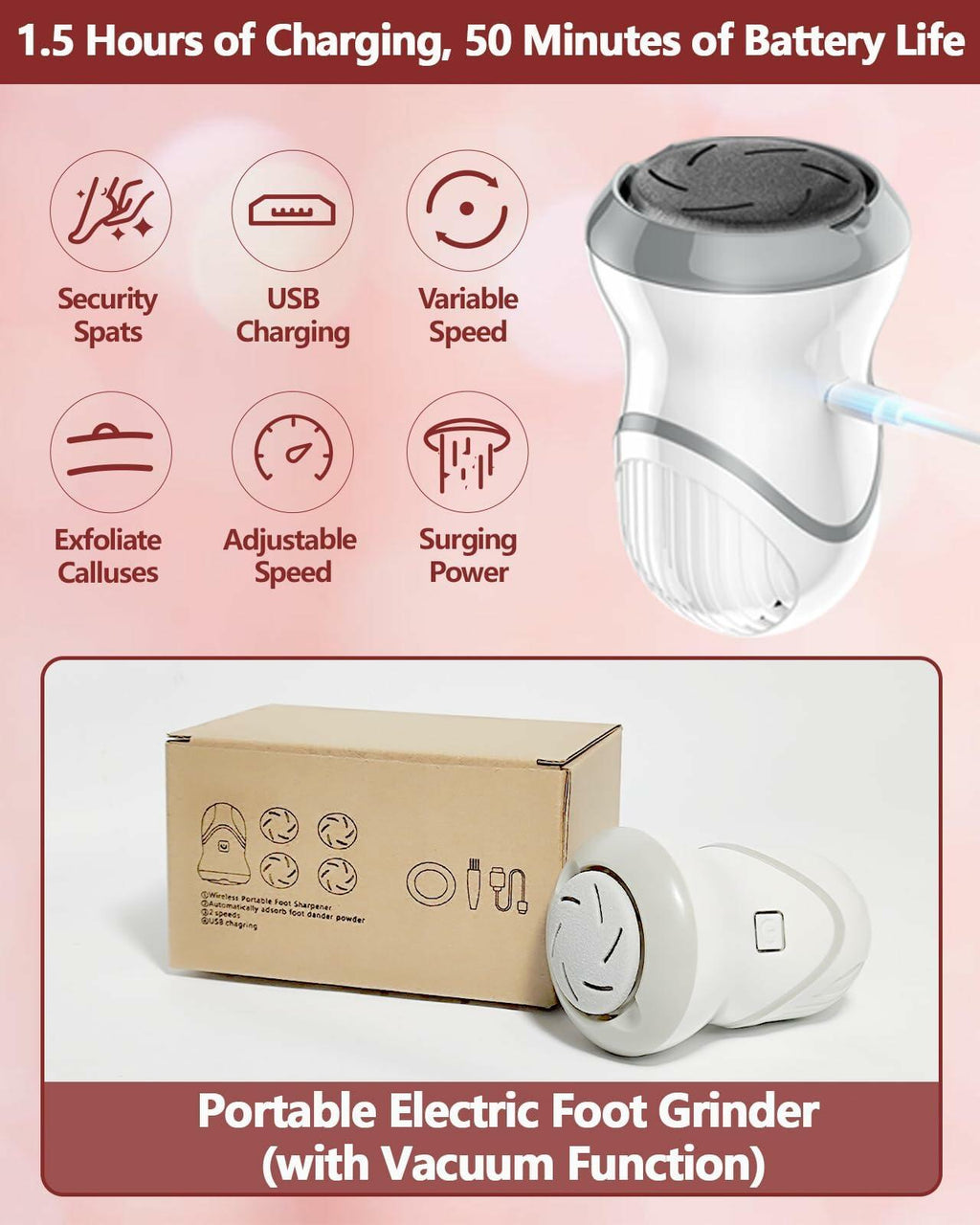NKJVE Electric Foot File Callus Remover 3 Heads 2 Speed White Rechargeable