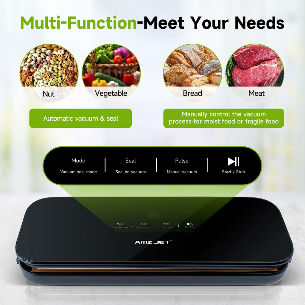 Amz Jet Vacuum Sealer Food LED Touch Digital Display Tempered Glass Black 50Bags