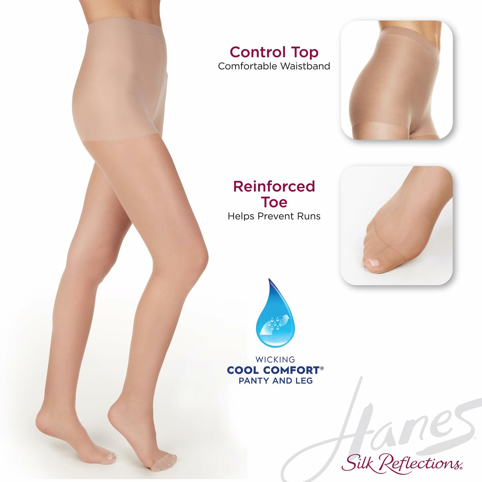 Hanes Silk Reflections Control Top Sheer Pantyhose Reinforced Toe Natural IJ