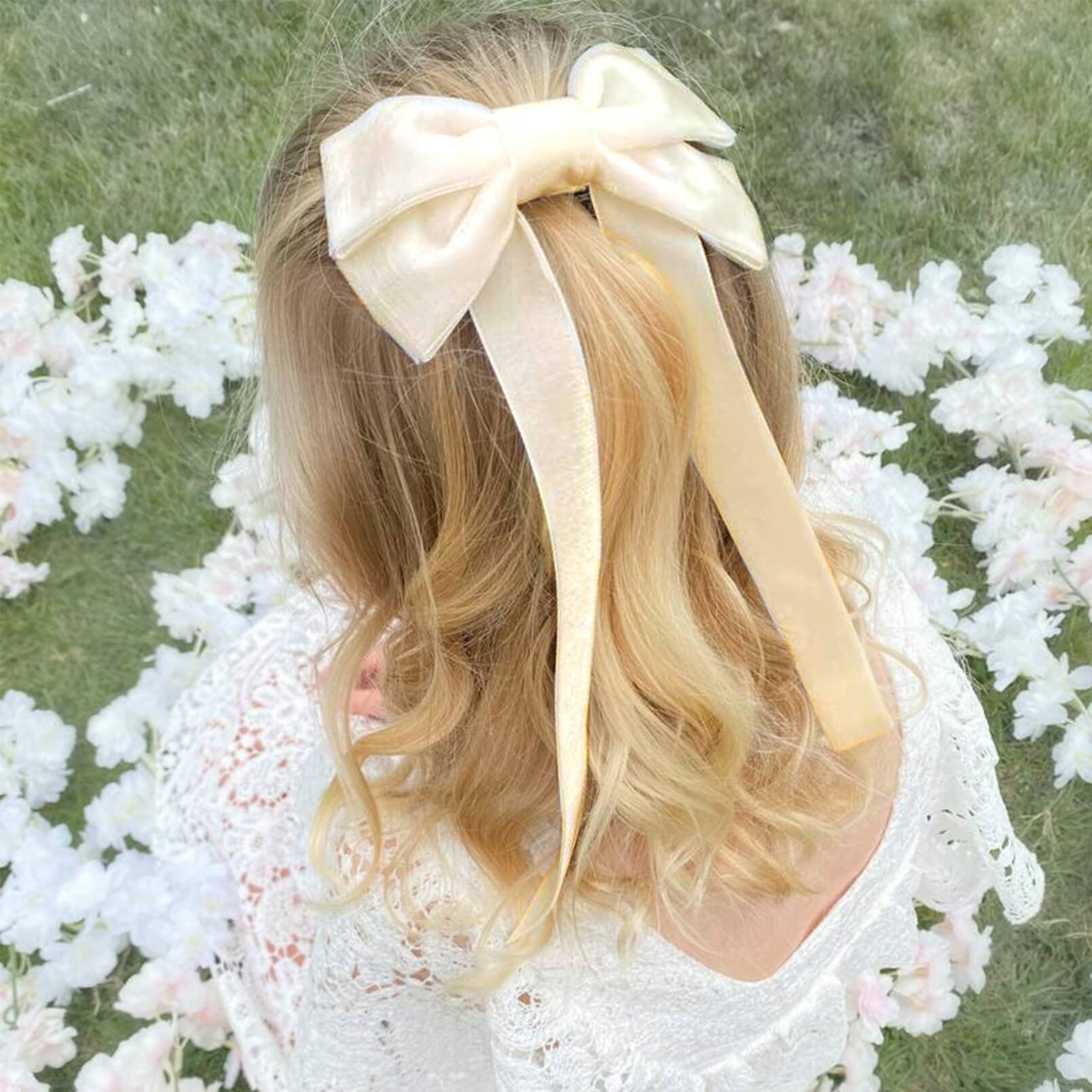 Aileam 2PCS Velvet Hair Bows Ivory Beige Big Fall Alligator Clips