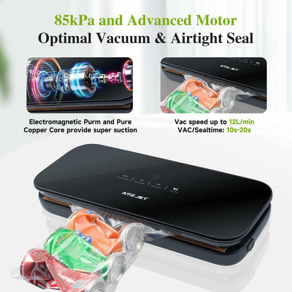 Amz Jet Vacuum Sealer Food LED Touch Digital Display Tempered Glass Black 50Bags