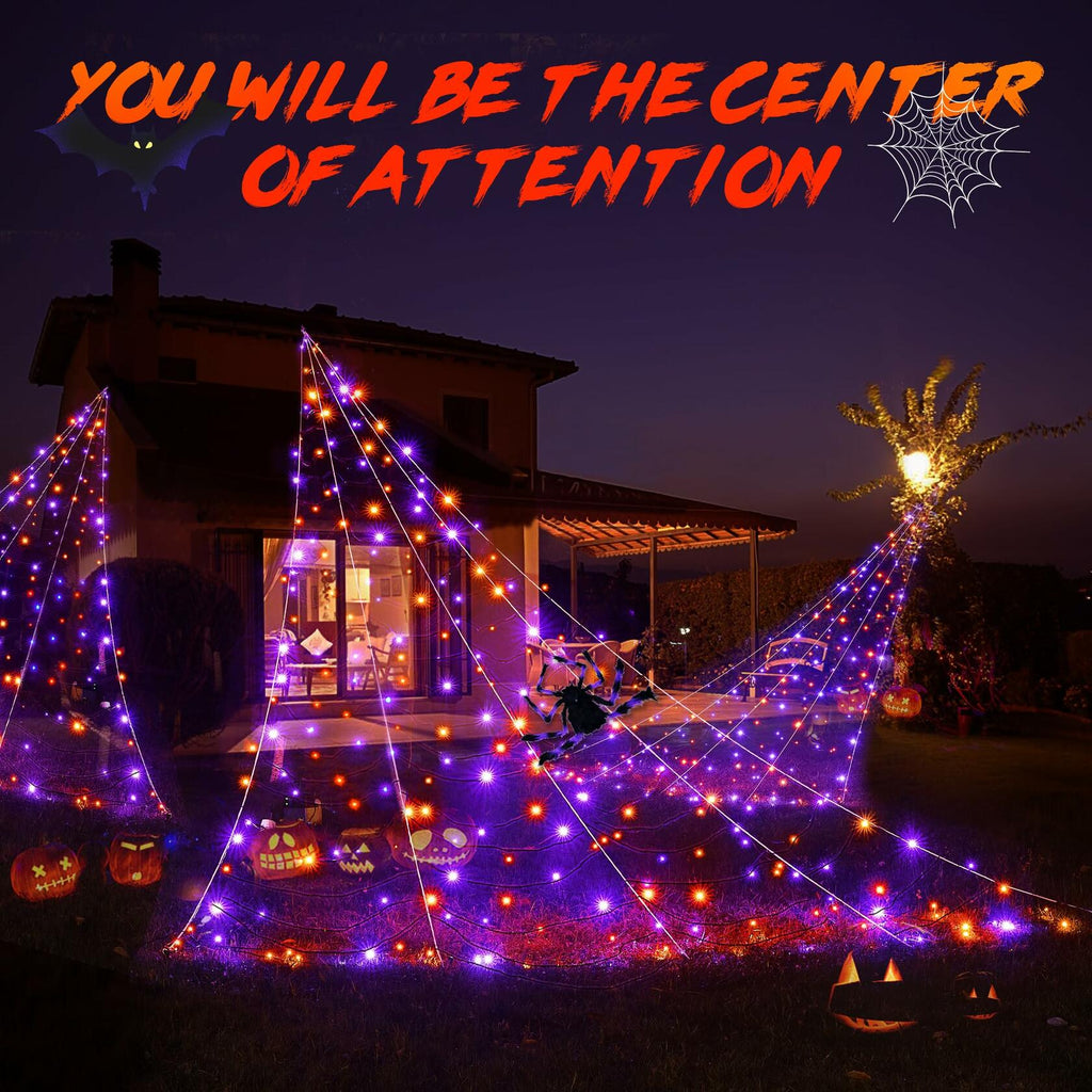 BlcTec Halloween Outdoor Spider Web 19.7x14.7ft White 250 LED Purple Orange