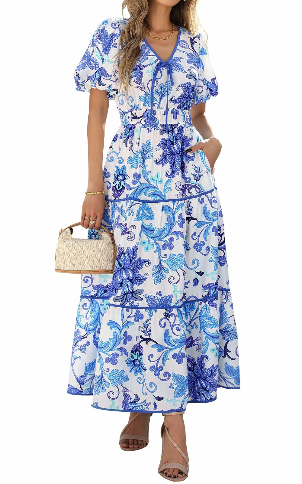 PRETTYGARDEN Summer V Neck Puff Sleeve A-Line Floral Maxi Dress White Blue M