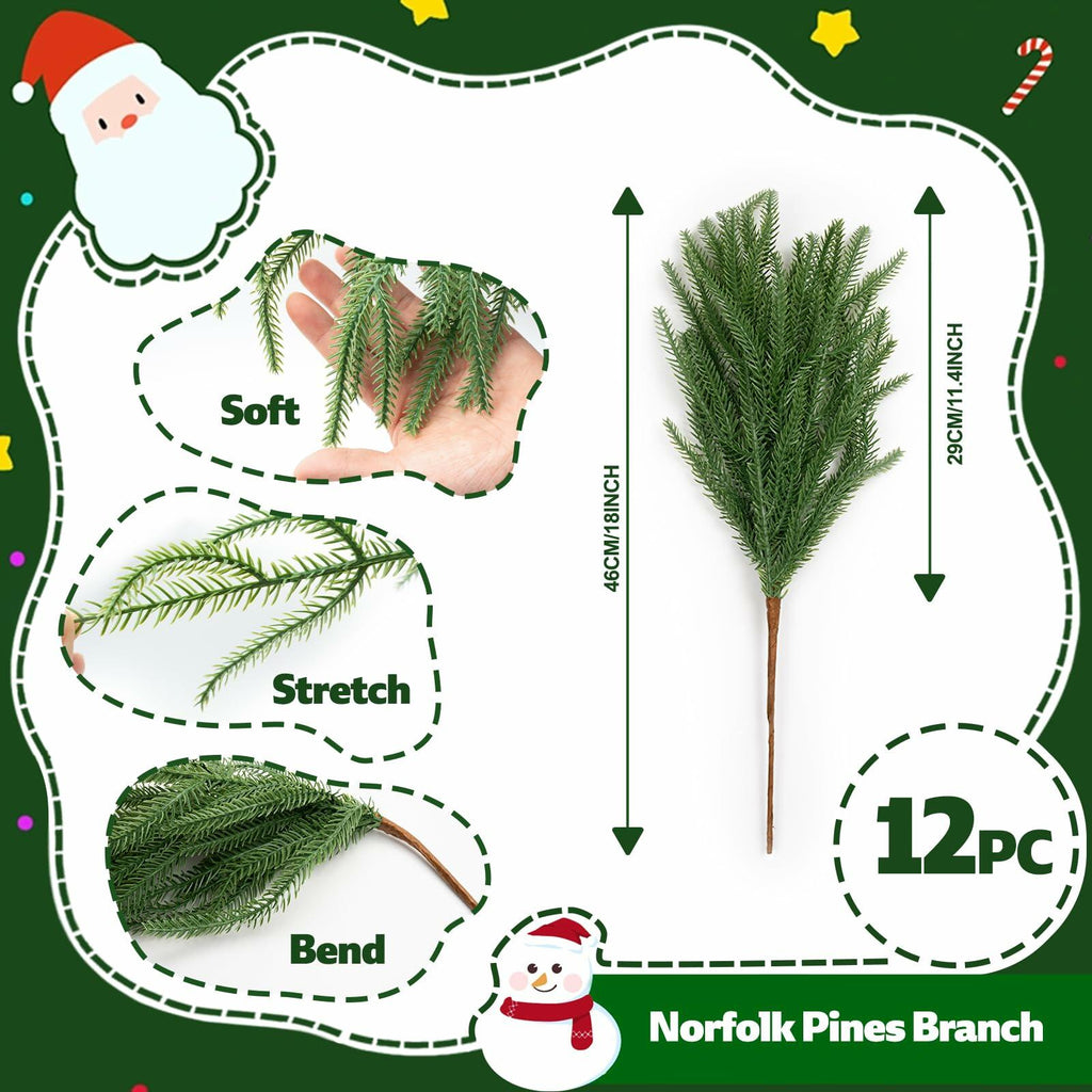 JDKPK 12 Pcs Norfolk Pine Branch 18" Artificial Greenery Green