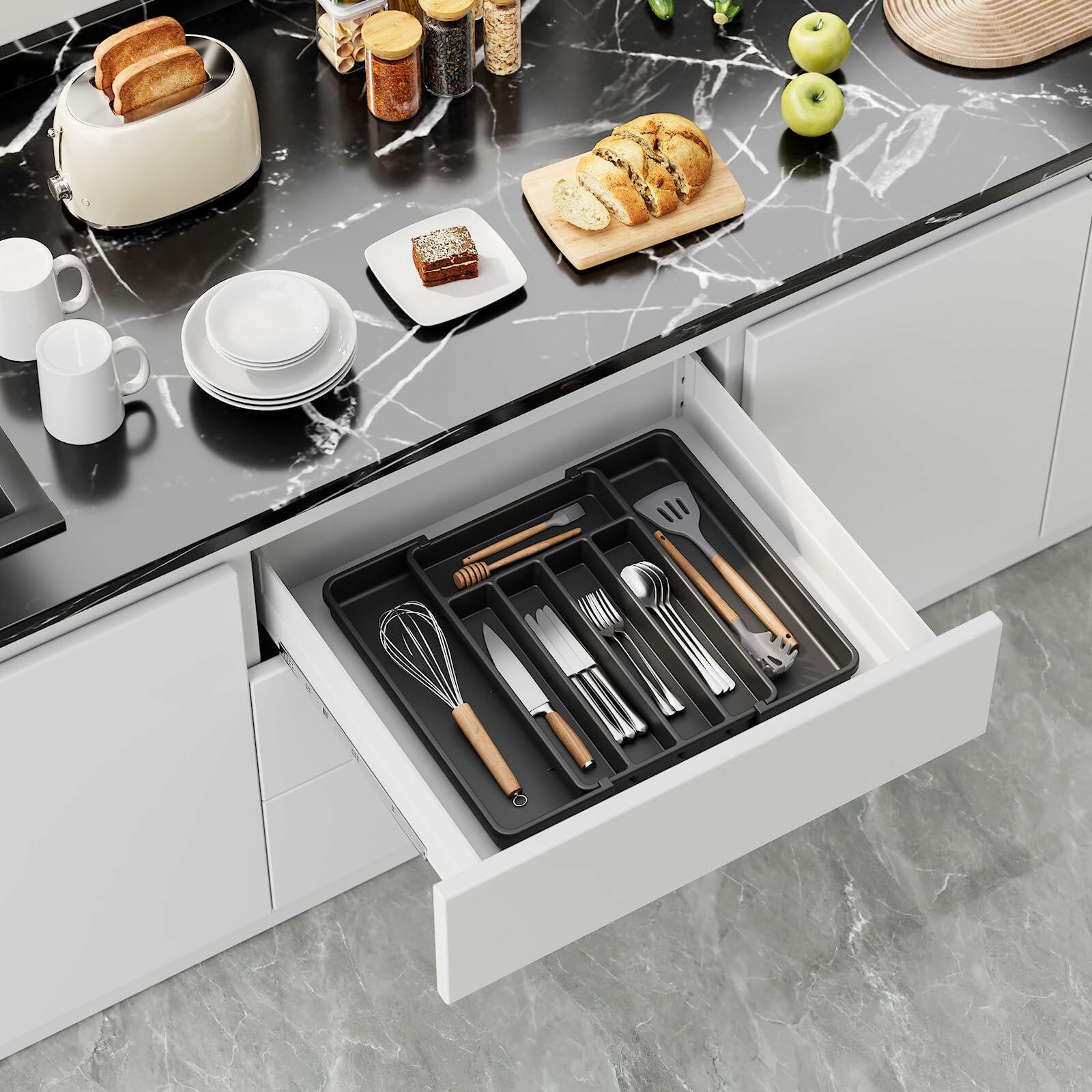 Aujen Expandable Silverware Organizer Kitchen Drawer Tray Black Medium
