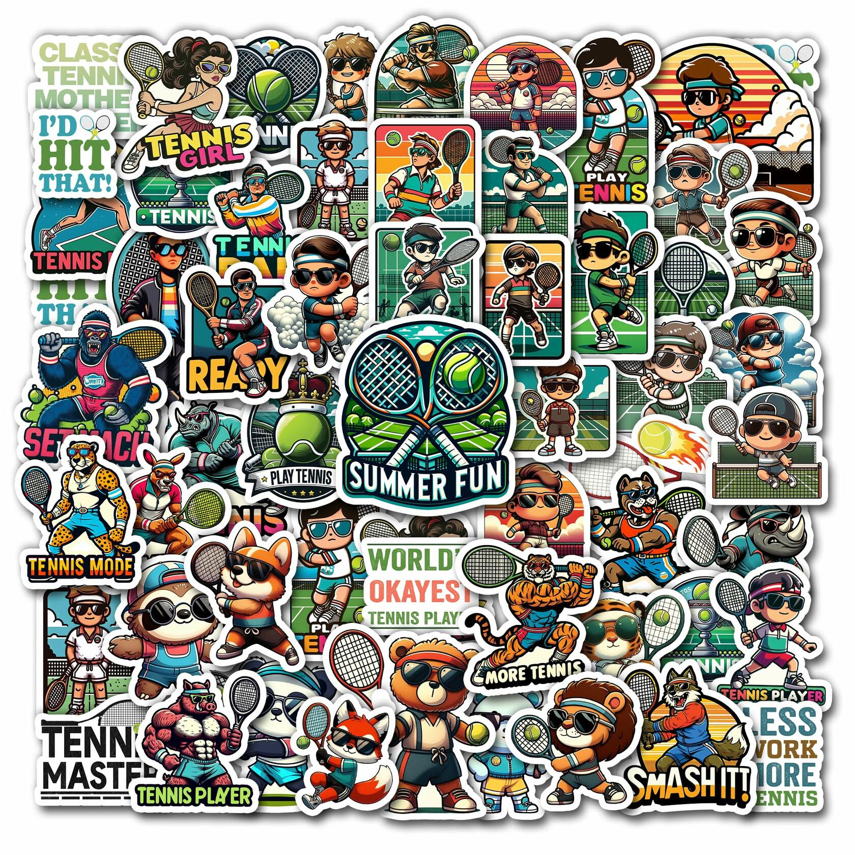 BIGZORO Tennis Stickers Waterproof Vinyl Decals 50 PCS Cartoon Sport
