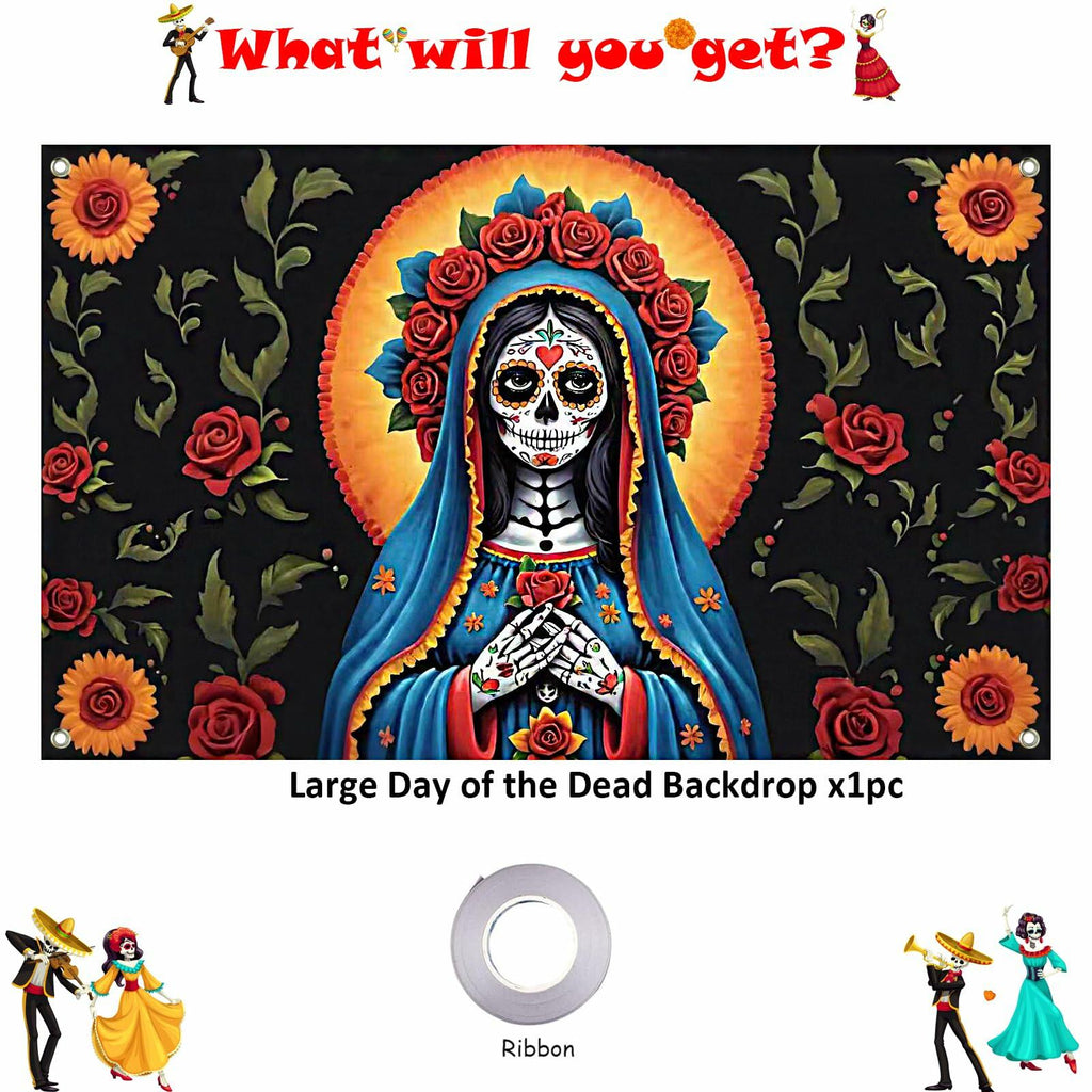 Pardi Day of the Dead Backdrop Banner Floral Black Red Mexican Fiesta Decor