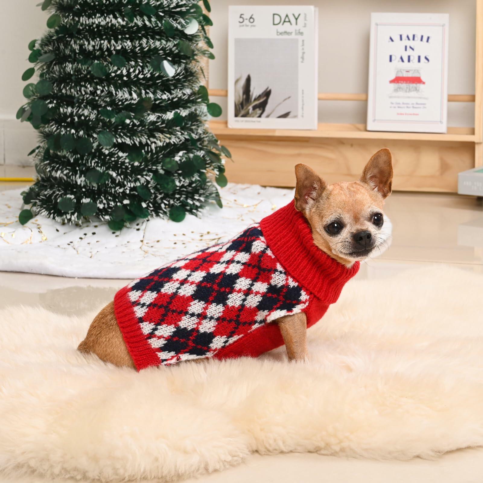 KCFESTIHUE Dog Sweater Plaid Knit Turtleneck Pullover Red Blue Size XS