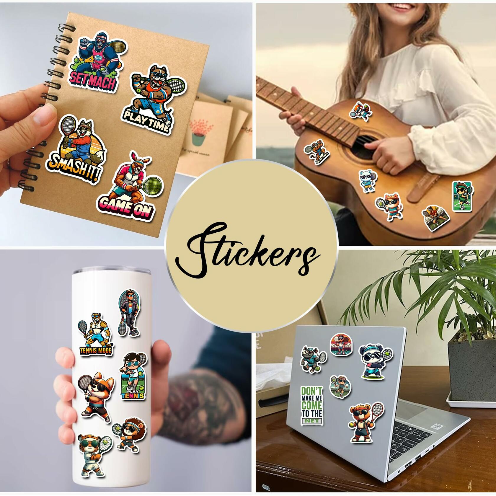BIGZORO Tennis Stickers Waterproof Vinyl Decals 50 PCS Cartoon Sport