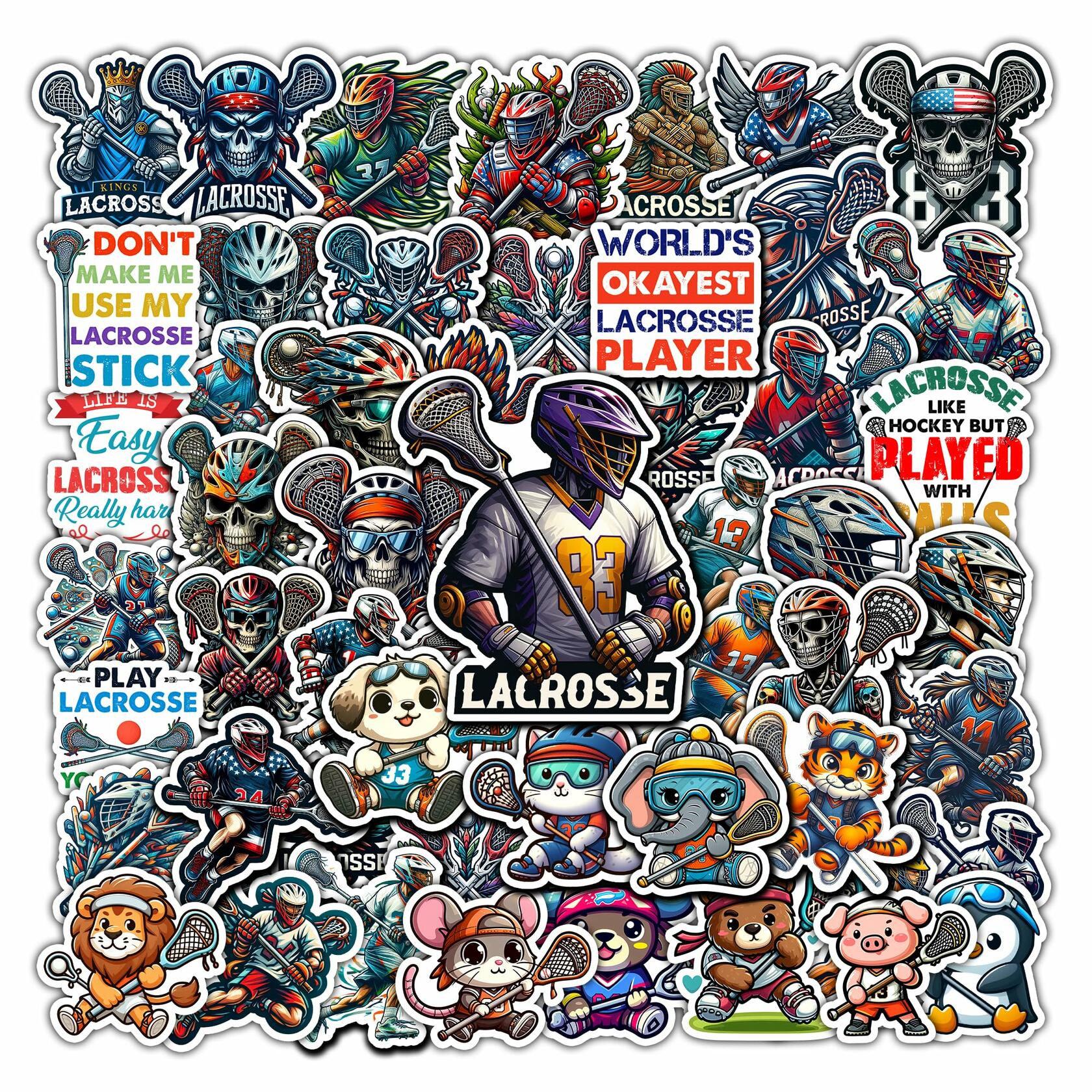 BIGZORO Lacrosse Stickers Waterproof Vinyl Decals 50 PCS Cartoon