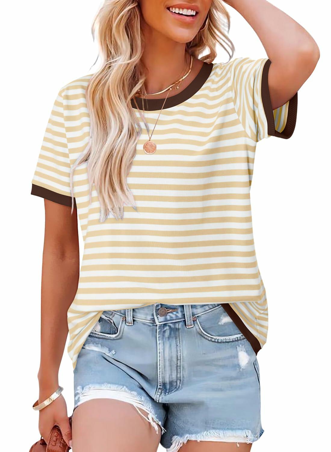 KISSMODA Womens Casual Striped Color Block T Shirt A Khaki Size L