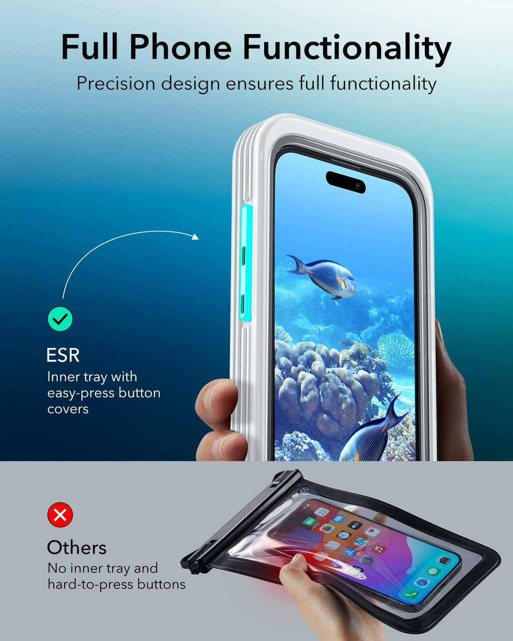 ESR Waterproof Phone Pouch for iPhone 13/14/15 Pro IPX8 2 Pack Black/Clear