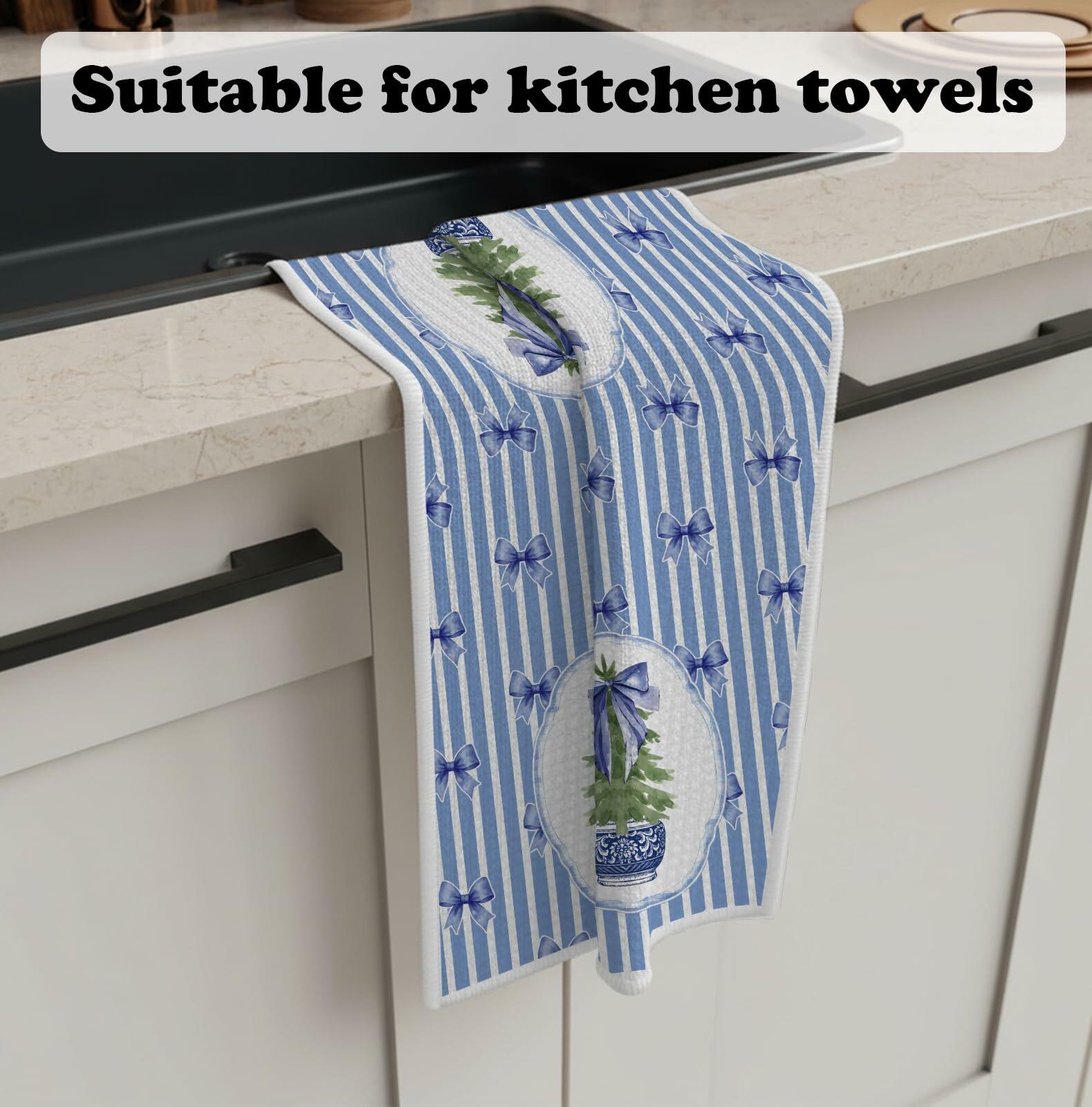 BNHJKFQZ Christmas Kitchen Towels Blue Stripes & Wreath 16x24 Set of 2