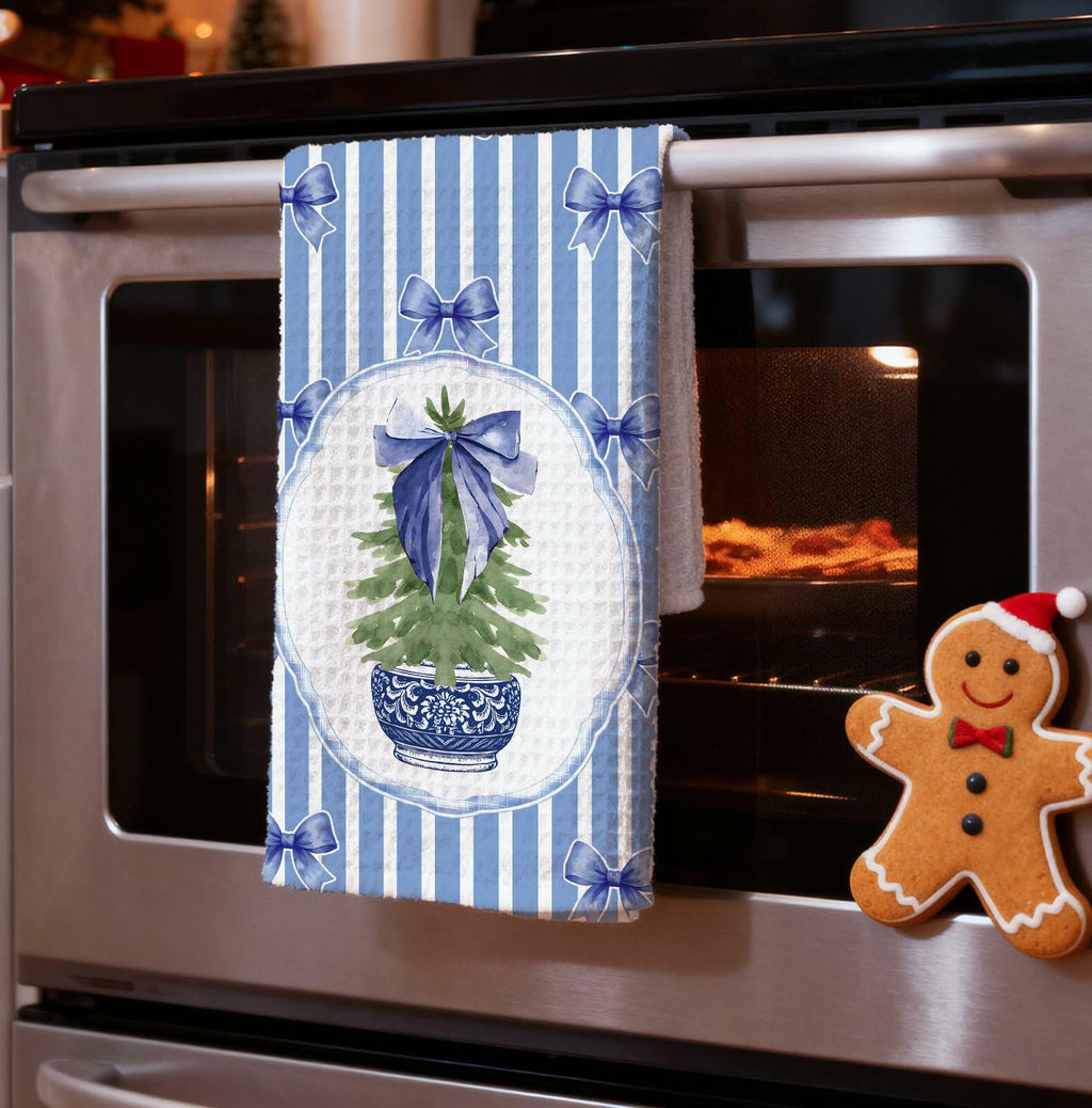 BNHJKFQZ Christmas Kitchen Towels Blue Stripes & Wreath 16x24 Set of 2