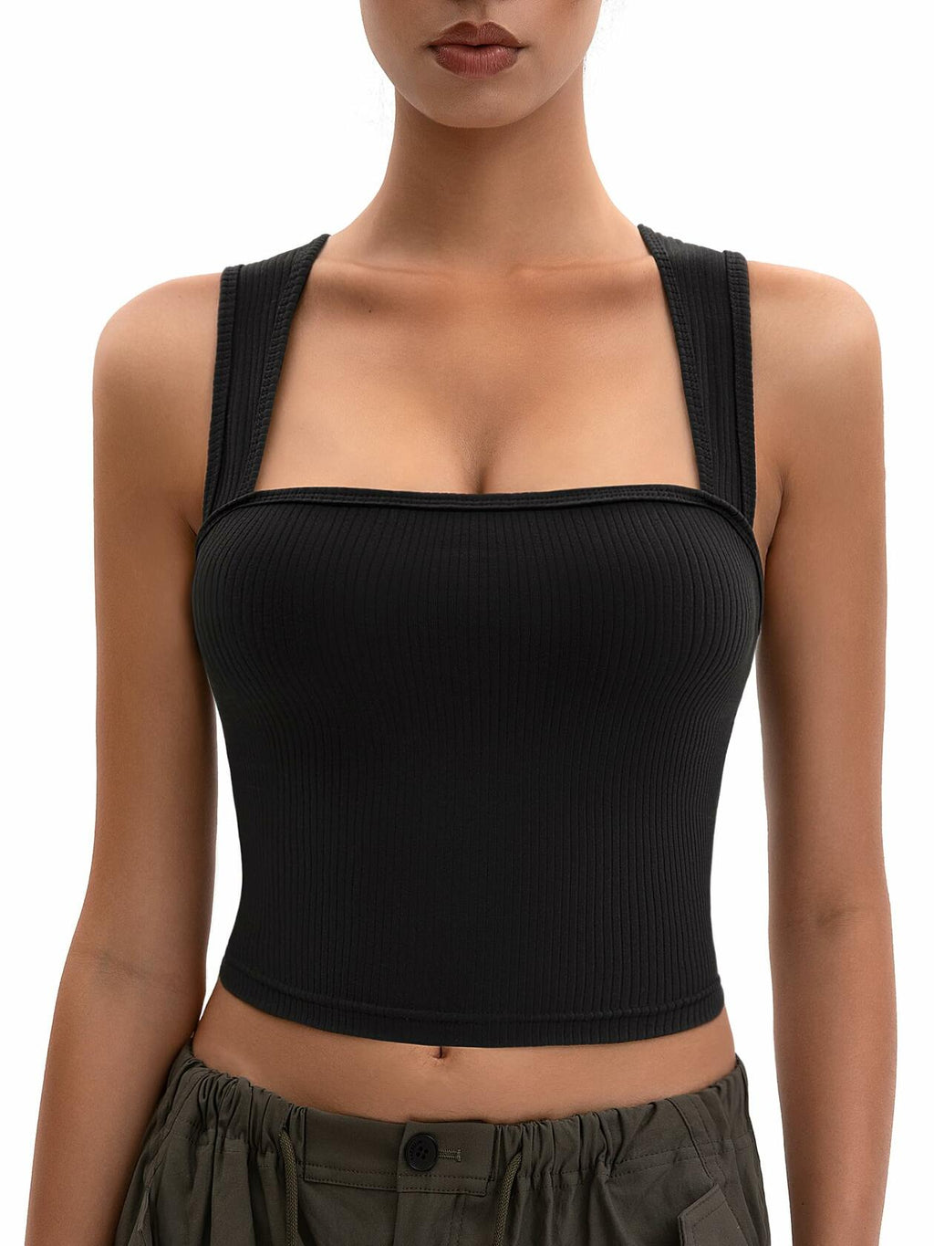 MOSSROZZ Crop Tank Top Ribbed Athletic Wide Strap Navy Blue Size M