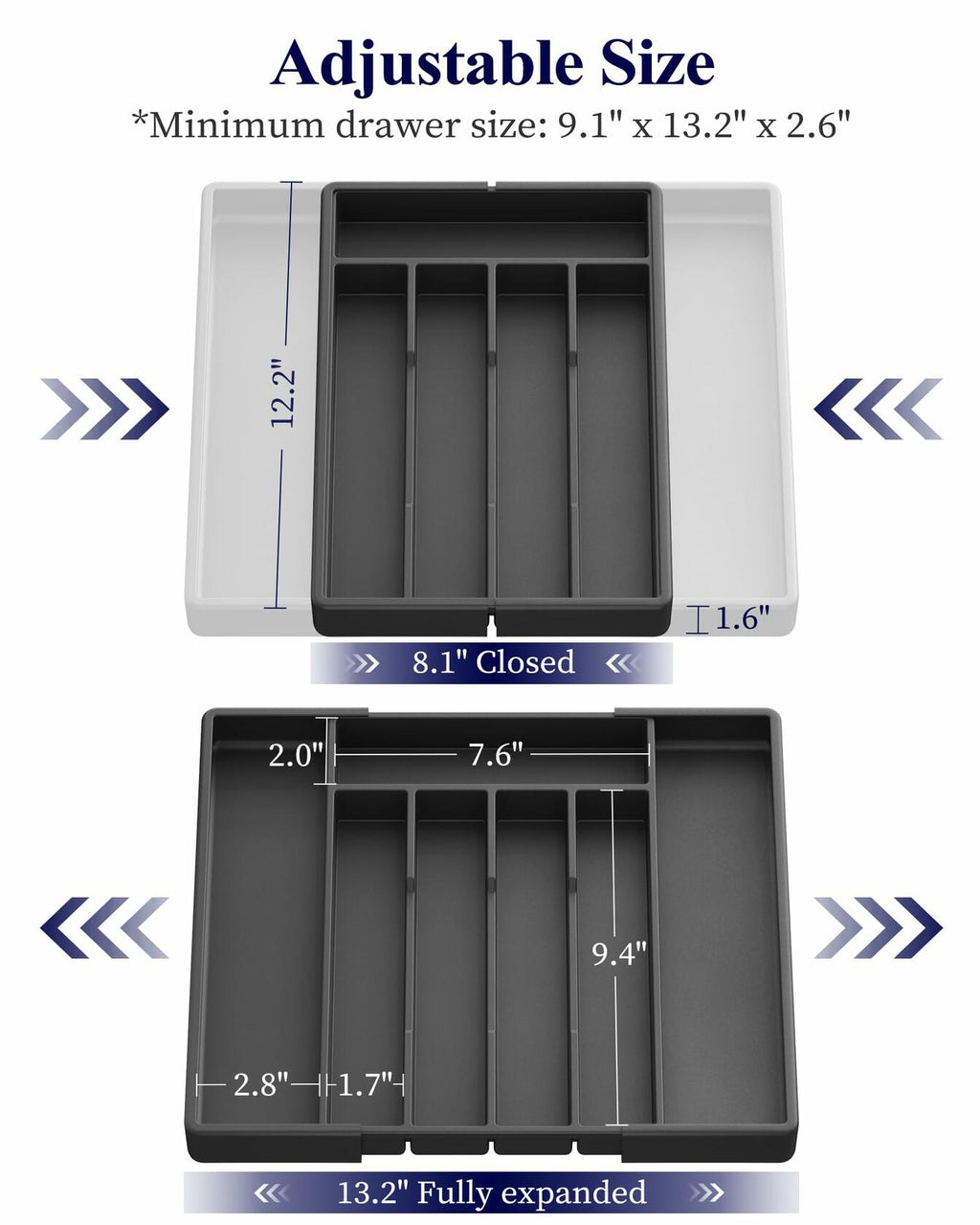 Kitsure Expandable Silverware Drawer Organizer 7Compartments Black 13.2x12.2x1.6