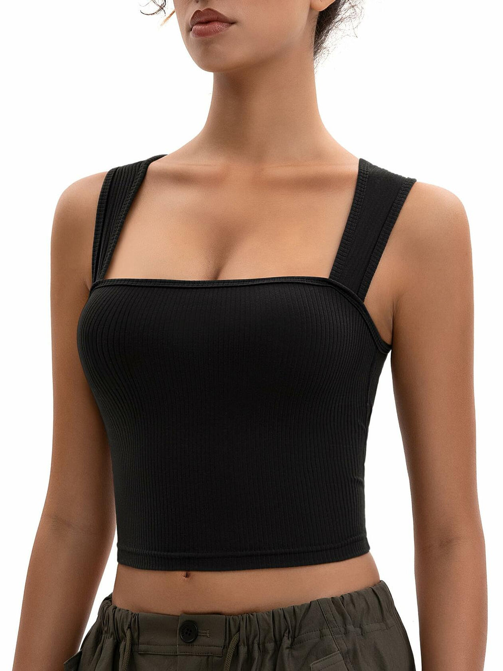 MOSSROZZ Crop Tank Top Ribbed Athletic Wide Strap Navy Blue Size M