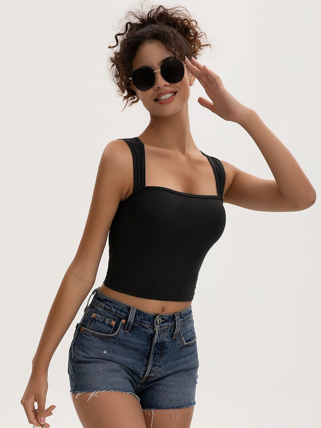 MOSSROZZ Crop Tank Top Ribbed Athletic Wide Strap Navy Blue Size M