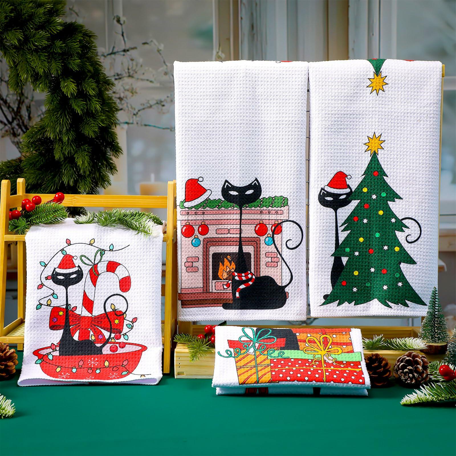 Tudomro Christmas Black Cat Kitchen Towels 16x24 4 Pcs Soft Absorbent