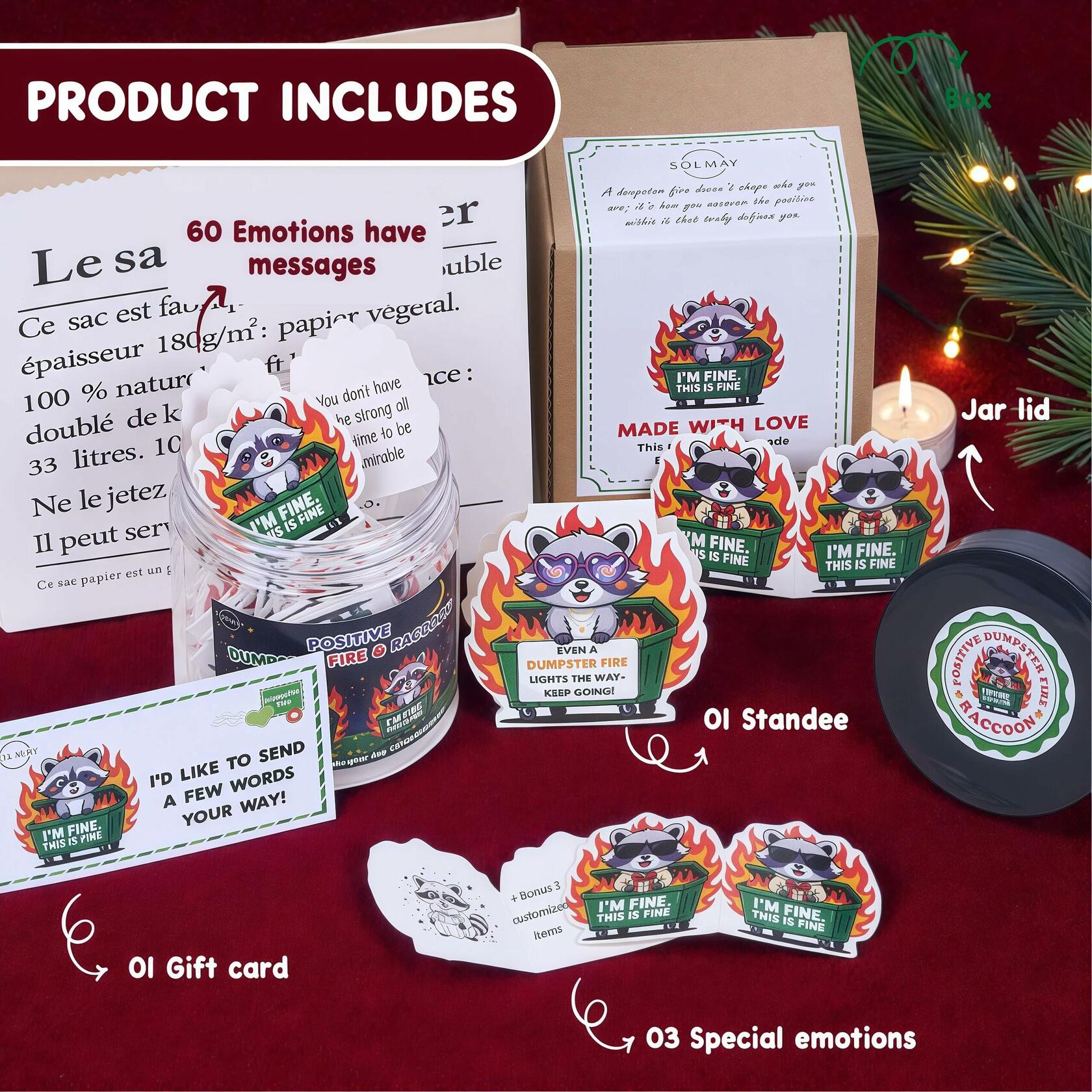 SOLMAY Funny Raccoon Dumpster Fire Affirmation Jar 60 Sarcastic Notes (OPEN BOX)