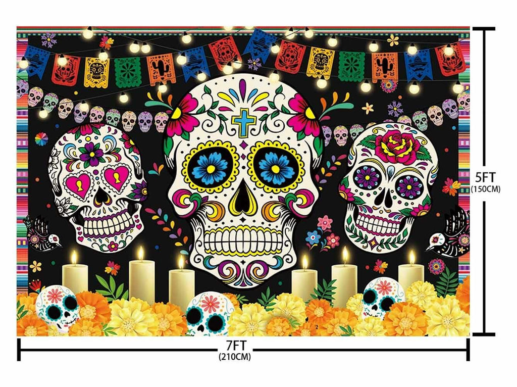 AIBIIN Day of The Dead Backdrop 7x5ft Red Black Mexican Sugar Skull