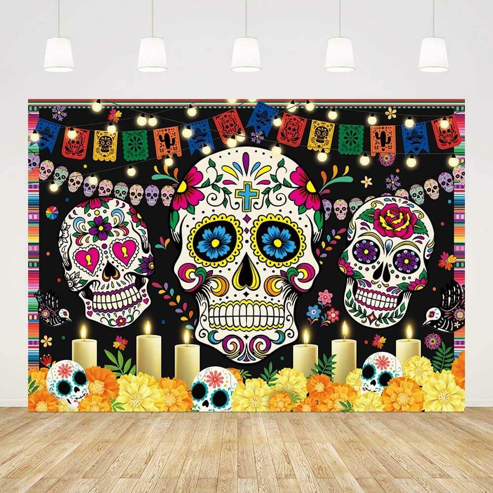 AIBIIN Day of The Dead Backdrop 7x5ft Red Black Mexican Sugar Skull