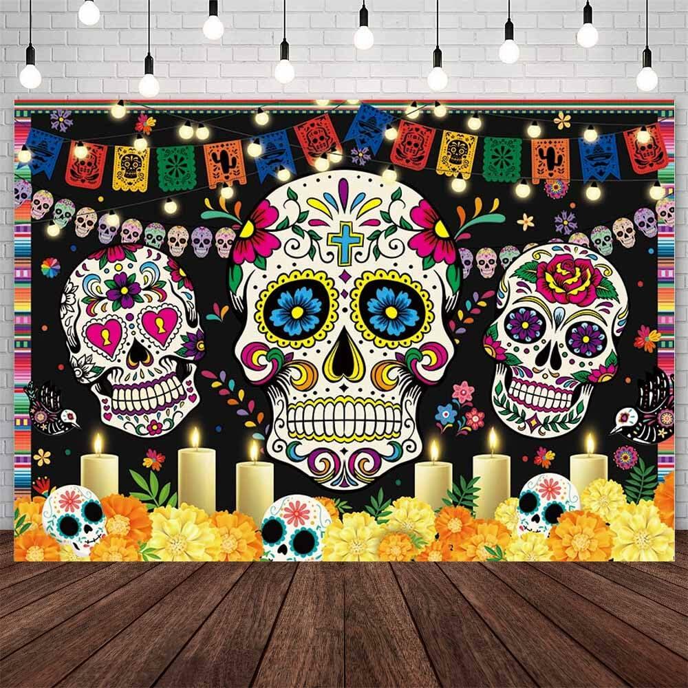 AIBIIN Day of The Dead Backdrop 7x5ft Red Black Mexican Sugar Skull