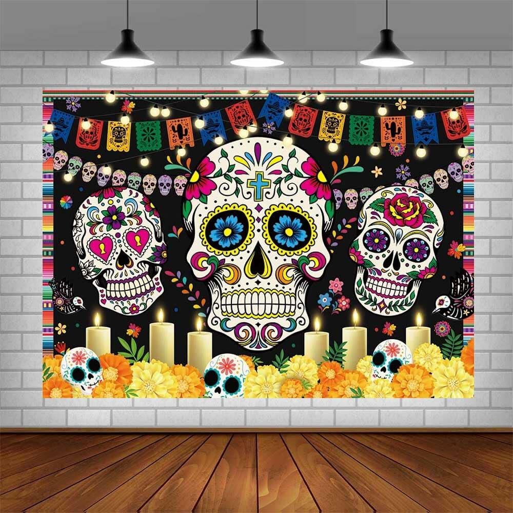 AIBIIN Day of The Dead Backdrop 7x5ft Red Black Mexican Sugar Skull