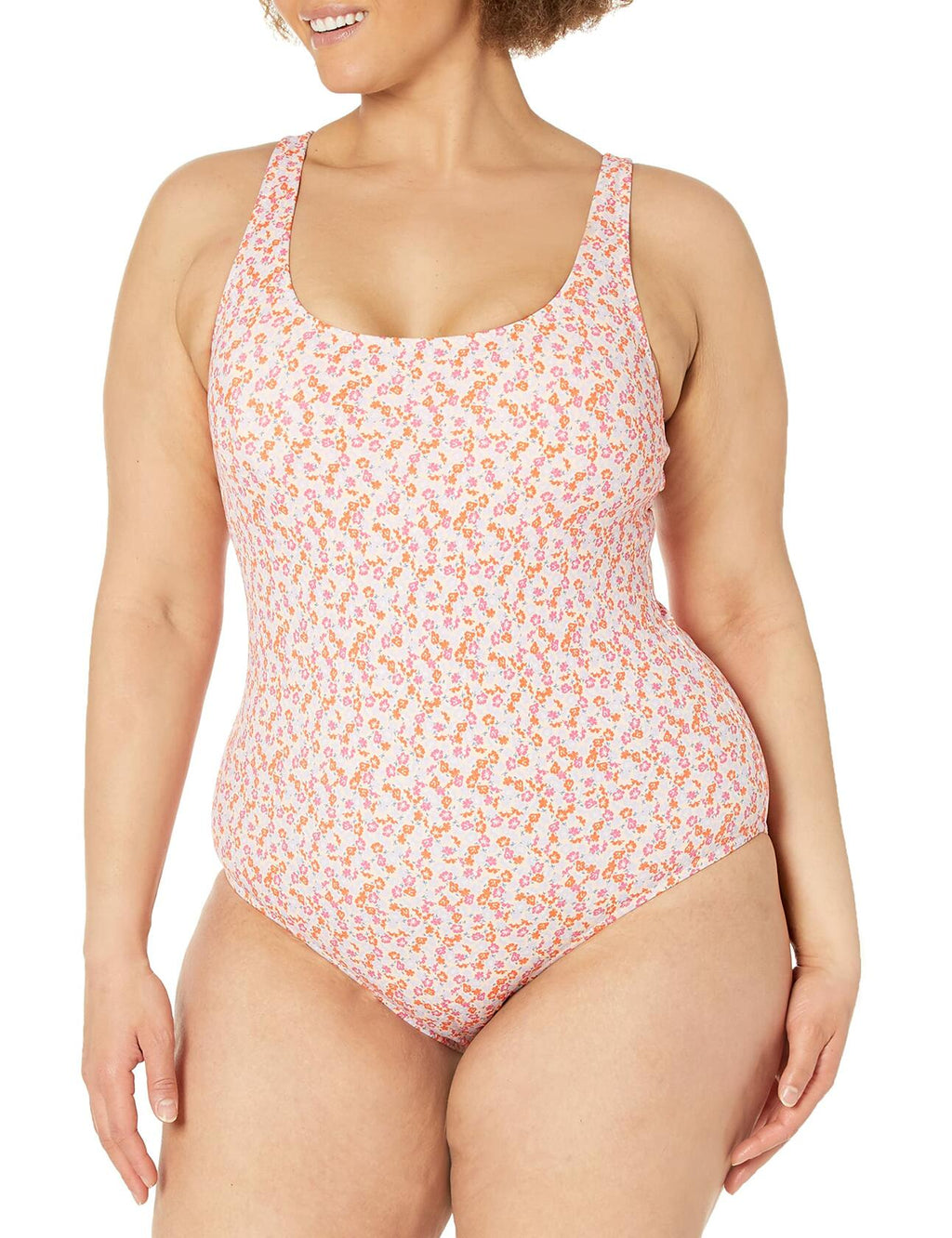 Amazon Essentials Women's One-Piece Coverage Swimsuit Pale Peach Micro Floral L
