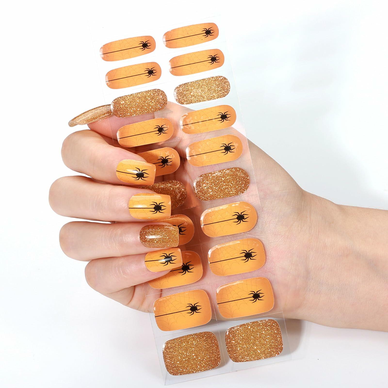 HBGAYLYH Halloween Semi Cured Gel Nail Stickers Orange Spider 20 Pieces