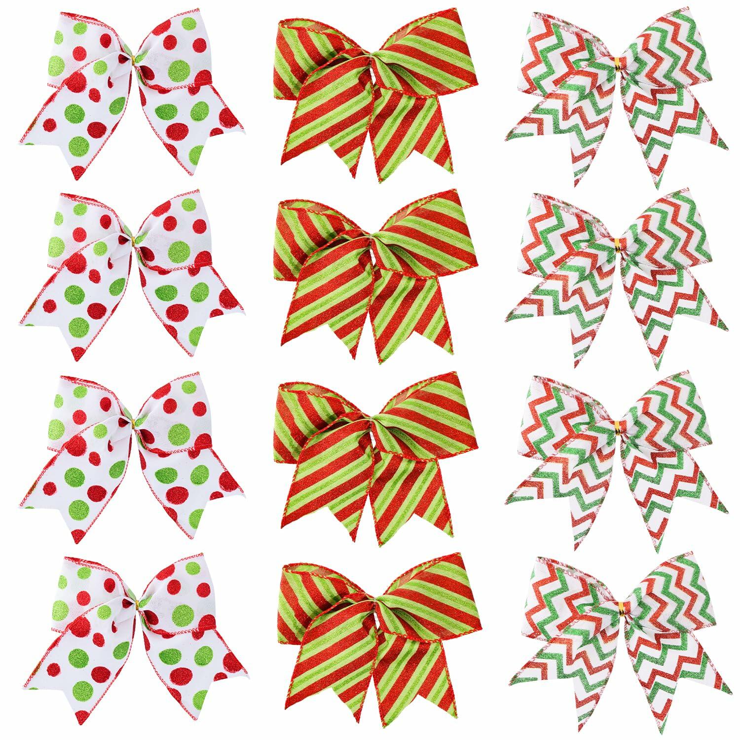 PEMIDA 12 Pcs Wave Stripe Christmas Bows 5 Inch Red Green Dots