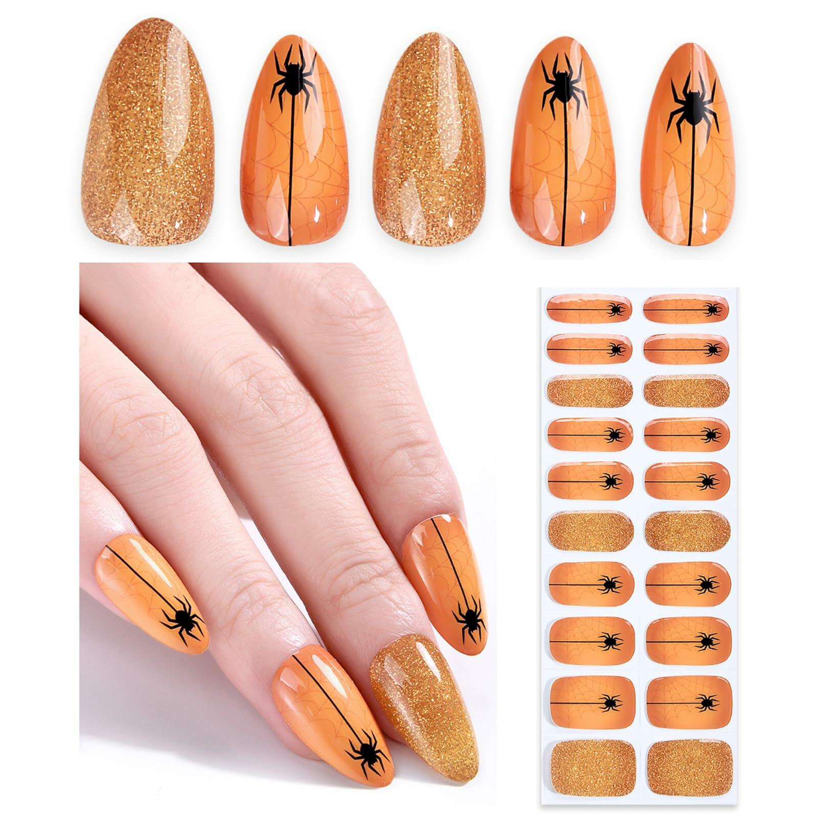 HBGAYLYH Halloween Semi Cured Gel Nail Stickers Orange Spider 20 Pieces
