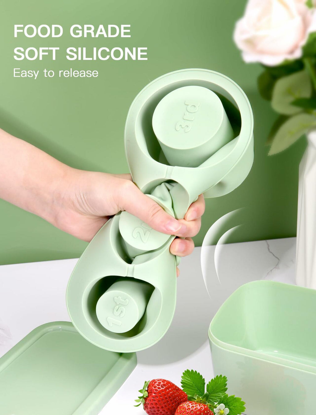 Ukulork Silicone Ice Cube Tray 3 Pcs Green Cylinder Mold 40Oz with Lid