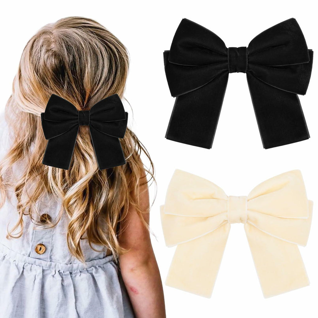 Aileam 2PCS Velvet Hair Bows Ribbon Clips Black Beige Alligator Clips