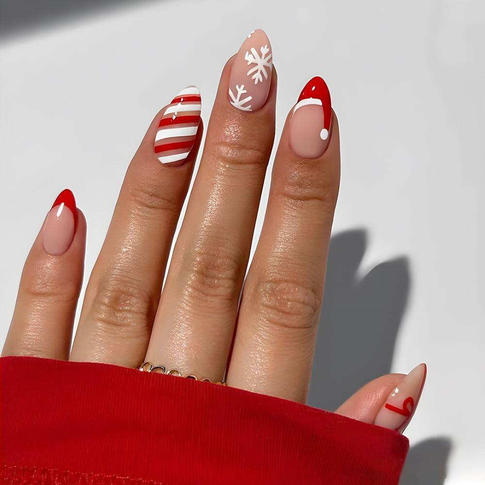 TANYOOTO Christmas Press On Nails Medium Almond Multicolor Snowflakes Bow