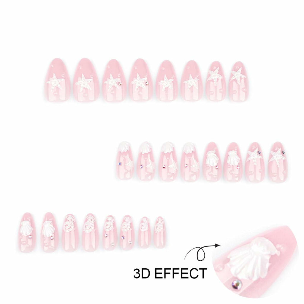 HPYFOI Beach Press On Nails Medium Almond 3D Starfish Shell Design 24 Pcs