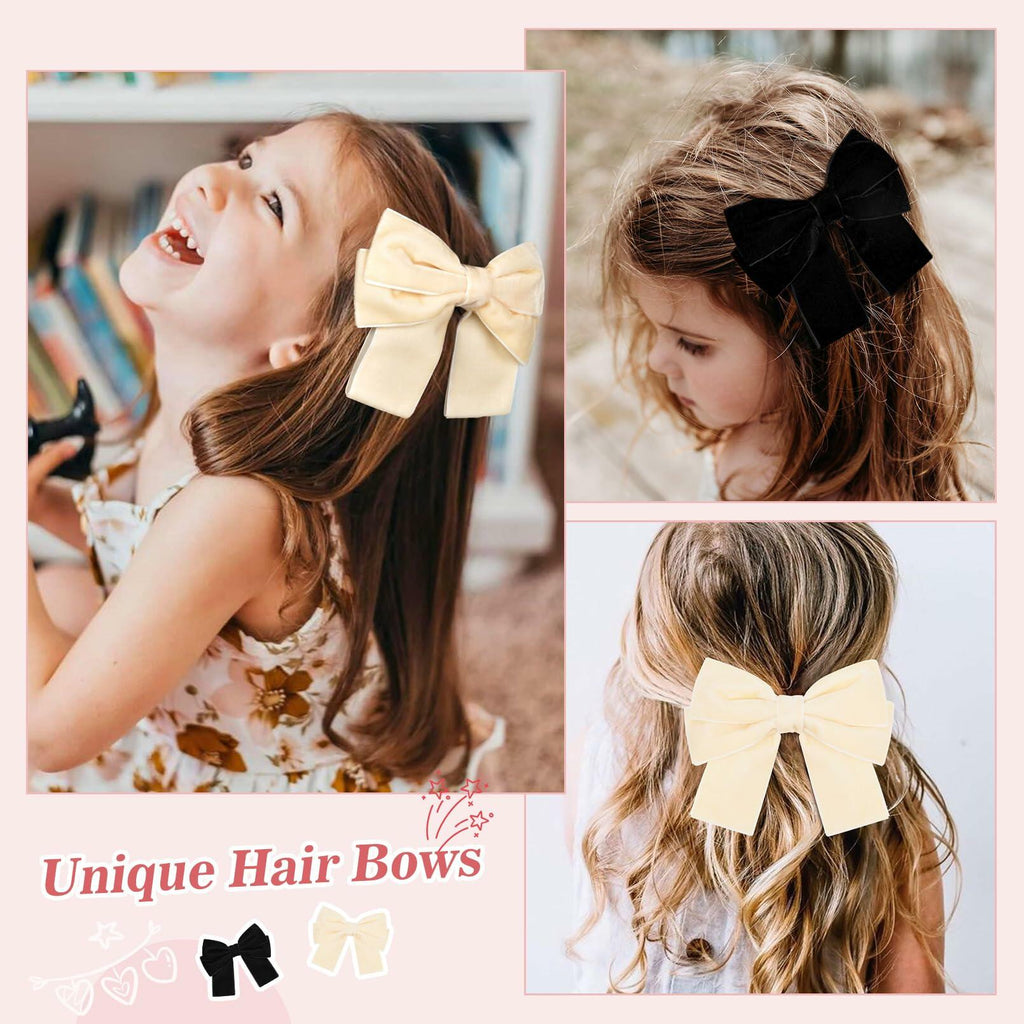 Aileam 2PCS Velvet Hair Bows Ribbon Clips Black Beige Alligator Clips