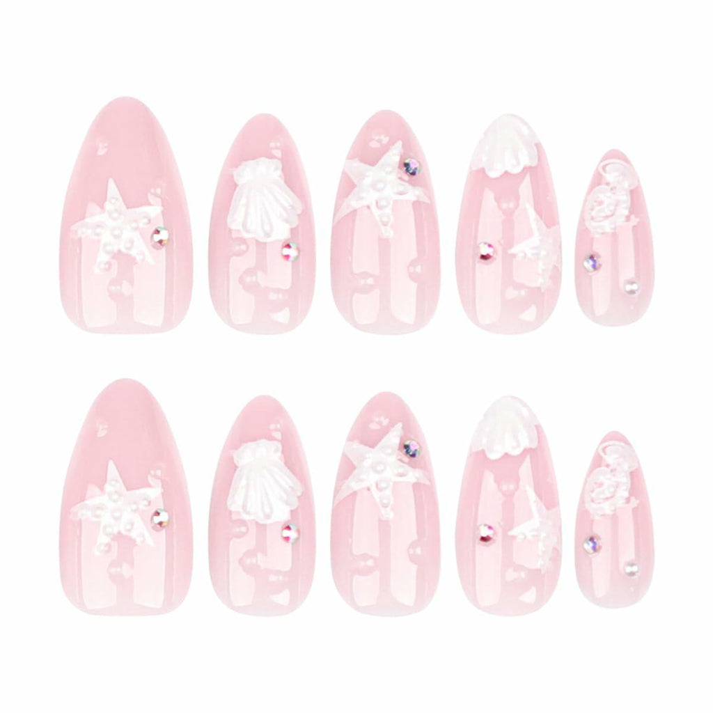 HPYFOI Beach Press On Nails Medium Almond 3D Starfish Shell Design 24 Pcs