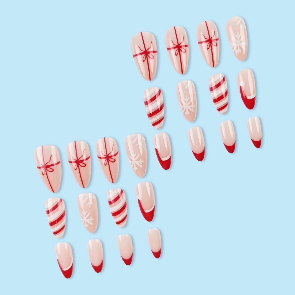 TANYOOTO Christmas Press On Nails Medium Almond Multicolor Snowflakes Bow