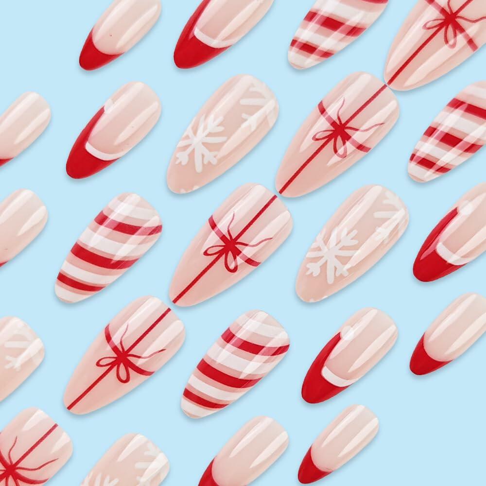 TANYOOTO Christmas Press On Nails Medium Almond Multicolor Snowflakes Bow