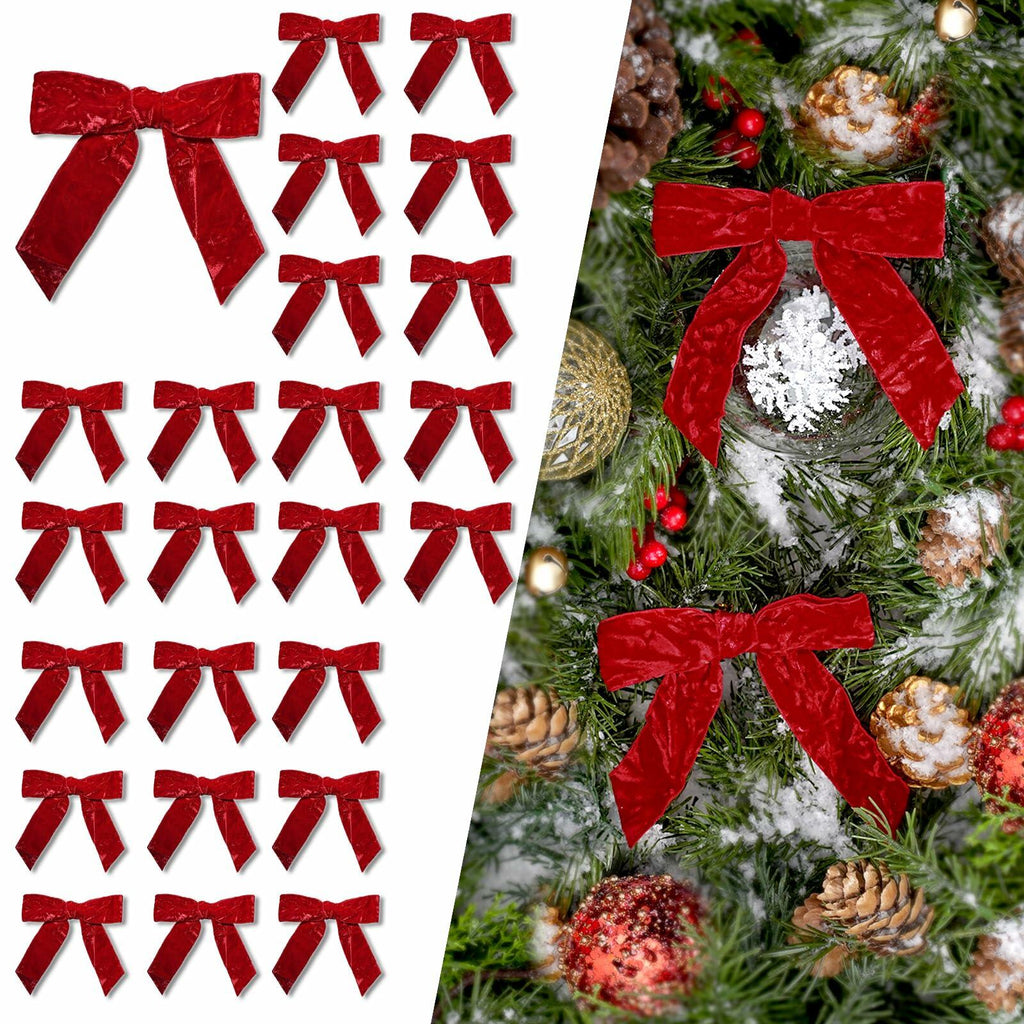 LaRibbons 24 Pcs Red Crinkled Velvet Bows 3.94x3.94 Vintage 1" Wide