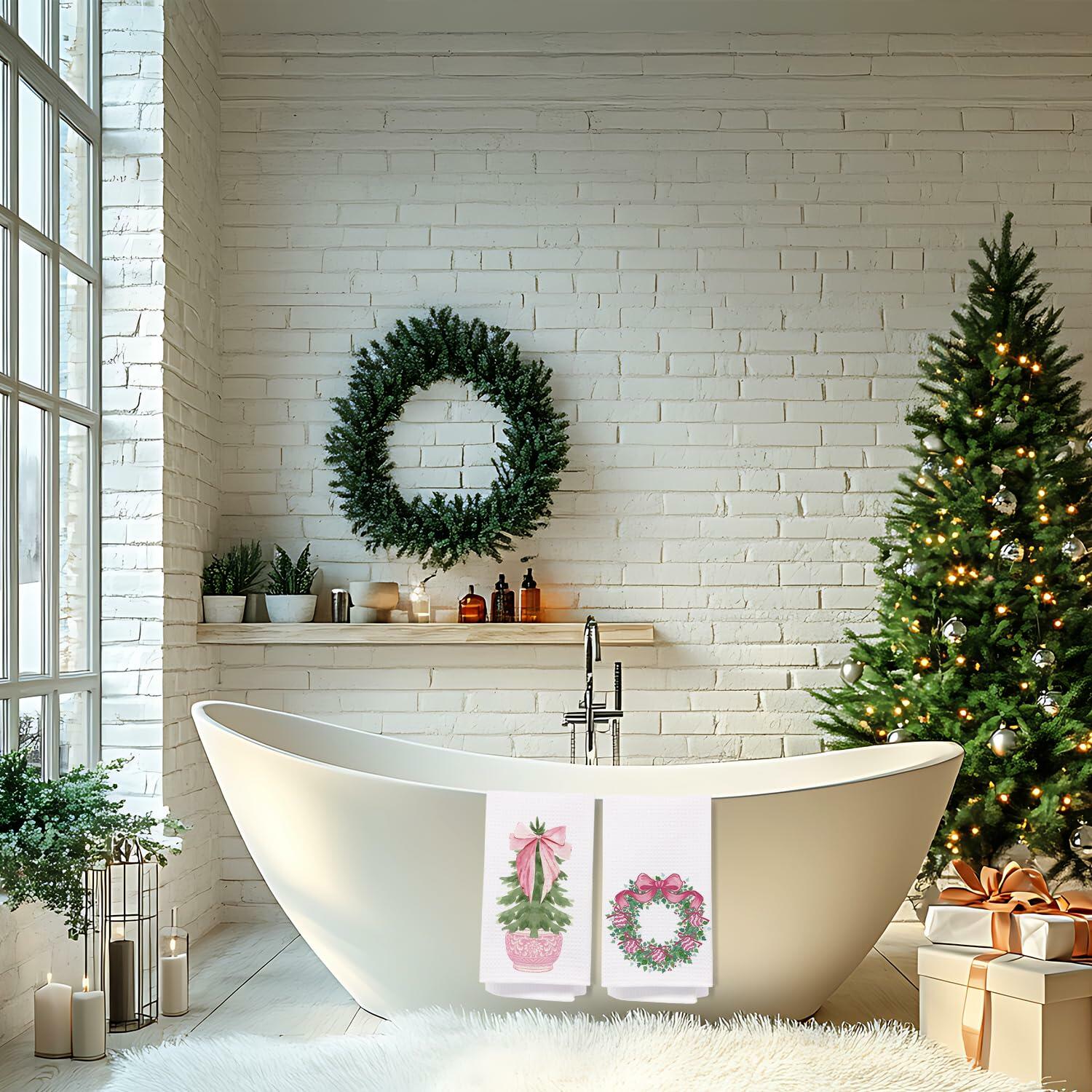 SPBL&L Chinoiserie Christmas Kitchen Towels Pink Bow Tree 16x24 Set of 2