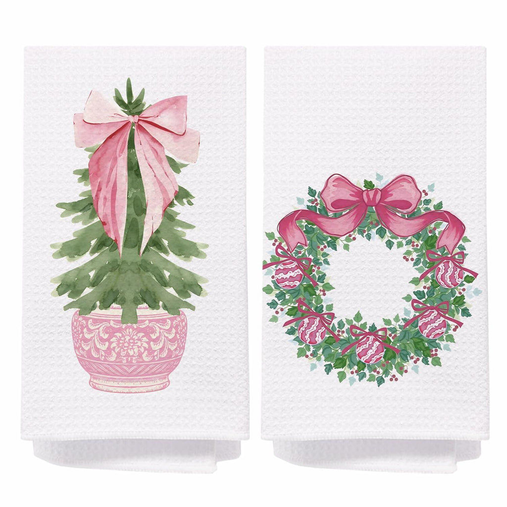 SPBL&L Chinoiserie Christmas Kitchen Towels Pink Bow Tree 16x24 Set of 2