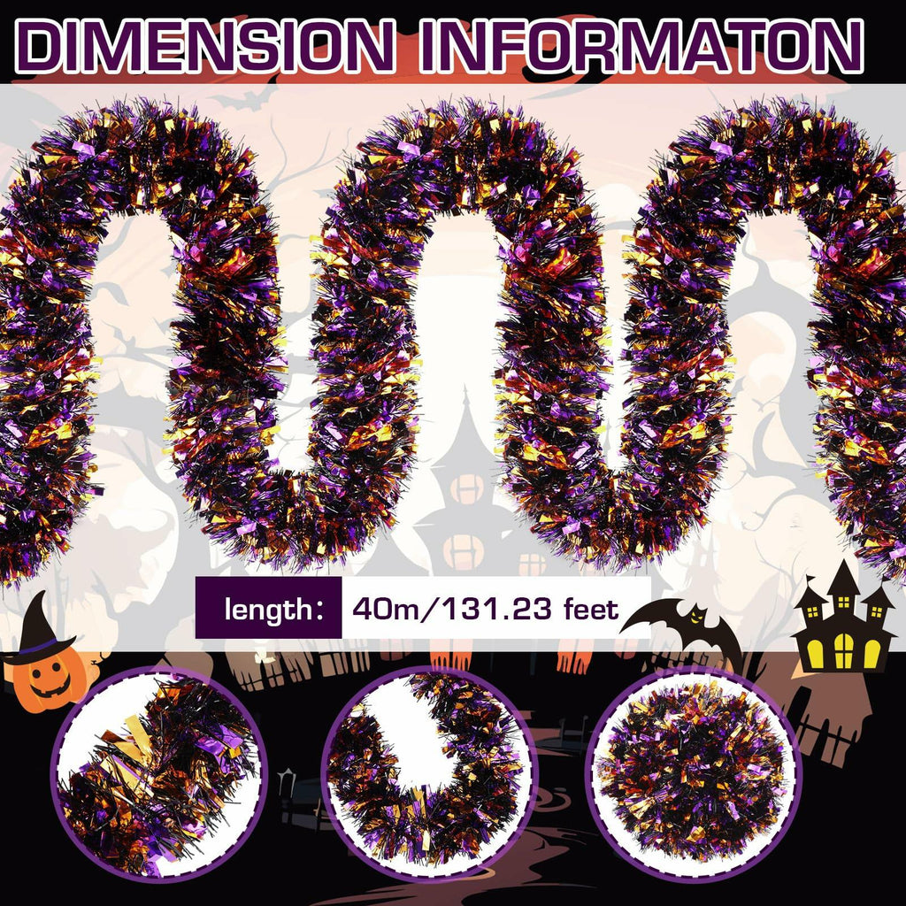 Riceshoot Metallic Tinsel Garland 131.23ft Black Orange Purple Retro Color