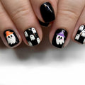 YEFIUO Halloween Press On Nails 24 Pcs Short Square Black Skull Flowers