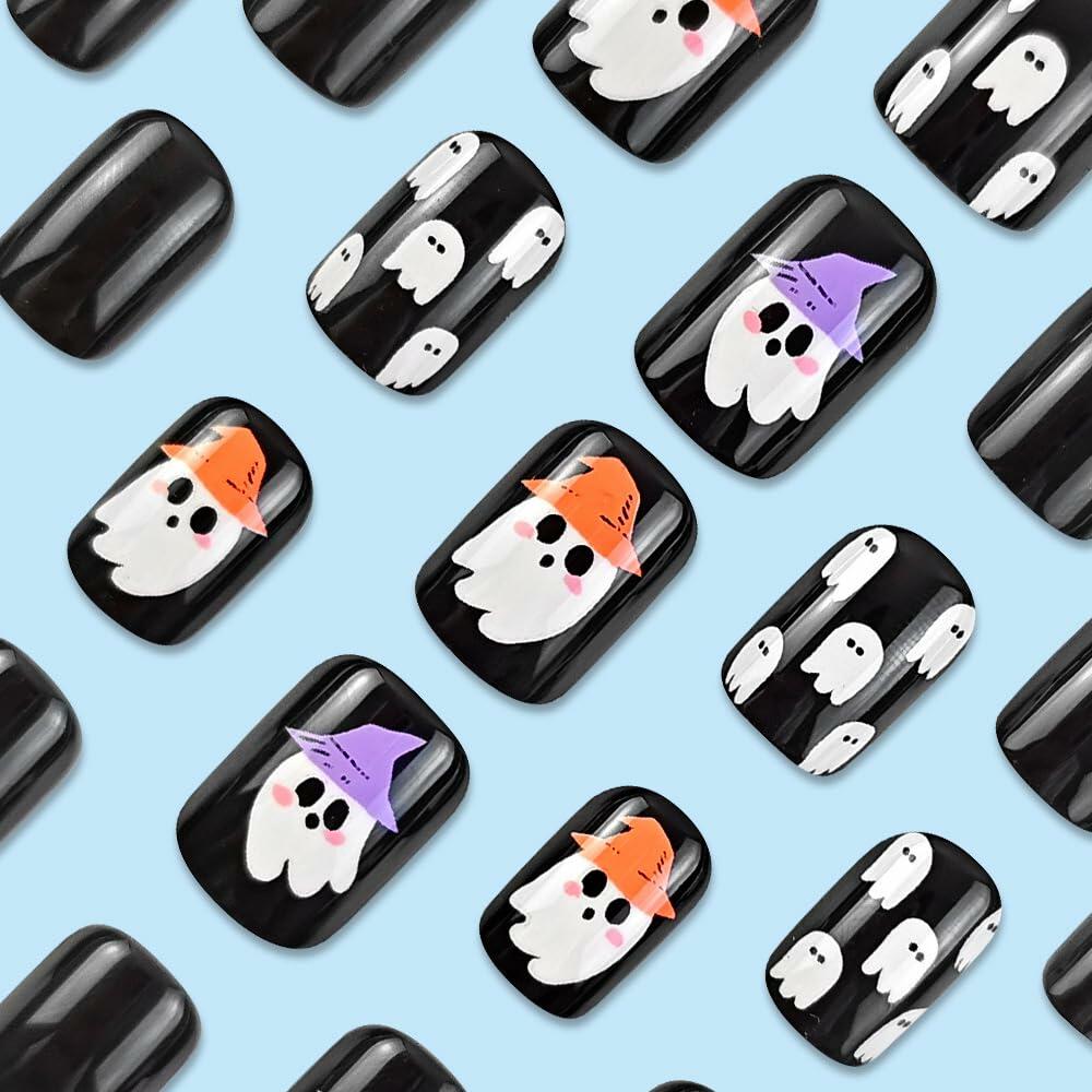 YEFIUO Halloween Press On Nails 24 Pcs Short Square Black Skull Flowers