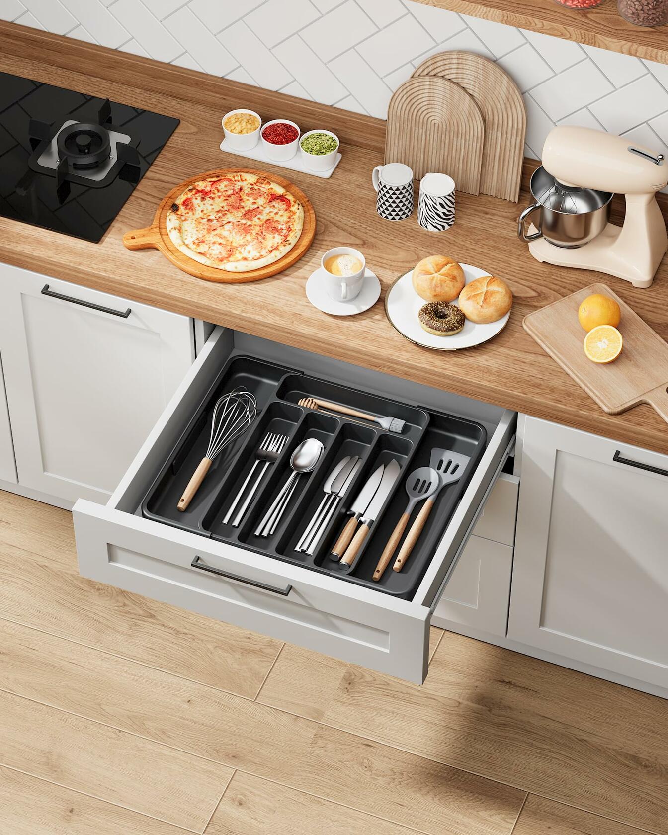 Kitsure Adjustable Cutlery Drawer Organizer Kitchen Tray Black