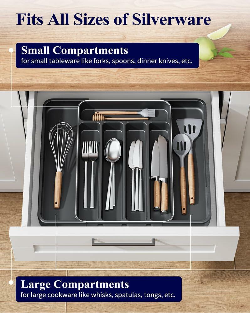 Kitsure Adjustable Cutlery Drawer Organizer Kitchen Tray Black